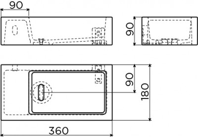 Clou Flush 3 fontein 36cm zonder kraangat links mat wit ker.	 technische tekening